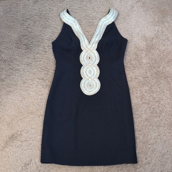 Lilly Pulitzer Valli Navy Shift Mini Dress Silver Gold Metallic Trim 00 - Picture 13 of 15